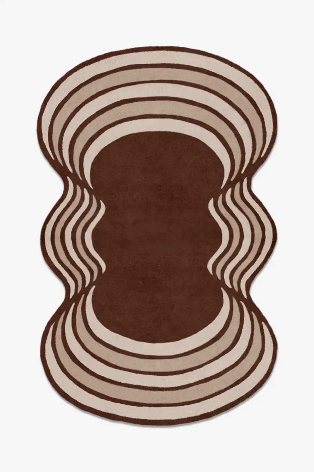 Rug with wavy brown and beige pattern on a white background