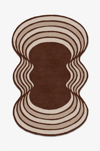 Rug with wavy brown and beige pattern on a white background