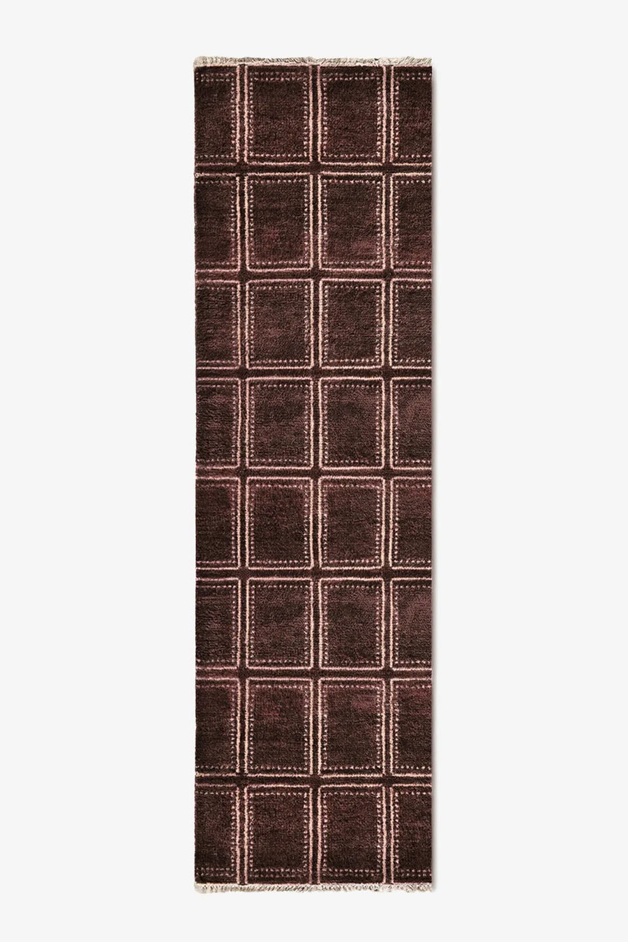 brown runner rug with a checkered pattern on a white background