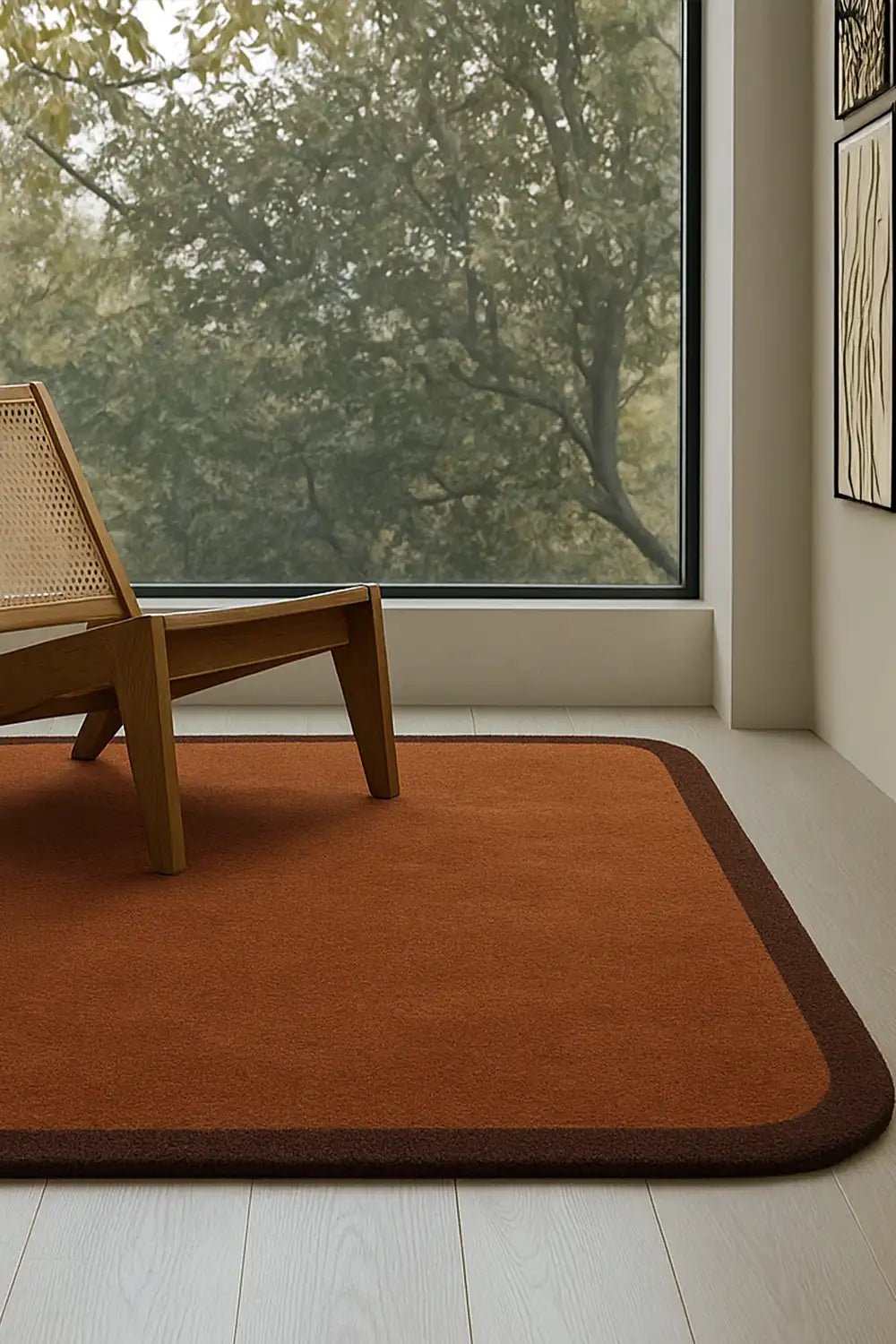 Brown modern wool rug with rounded corners, styled as a cozy 5x8 area rug in a warm living room lifestyle