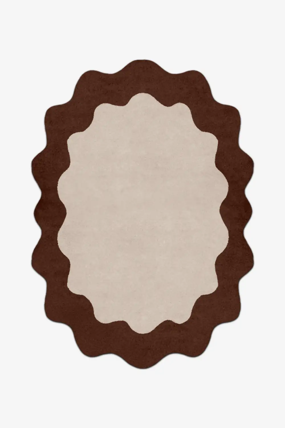 Round rug with scalloped edge in brown and beige on a white background