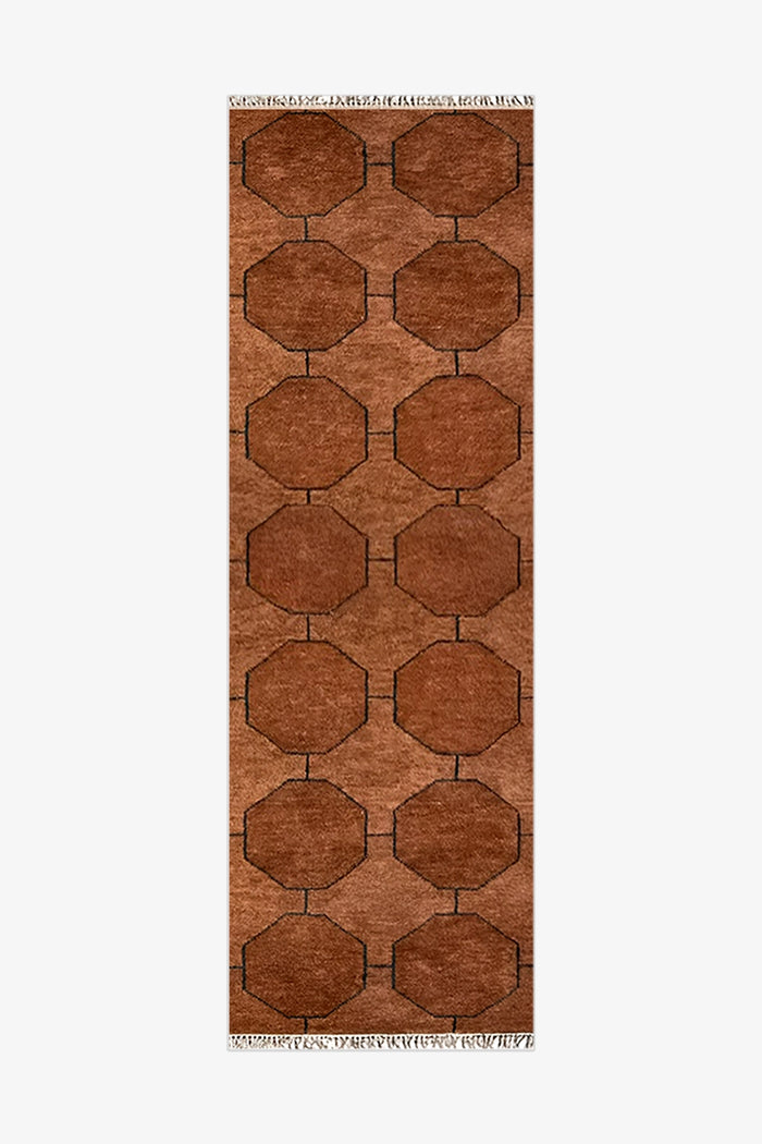 Brown patterned runner rug in hand-knotted wool on a plain background | 2x7