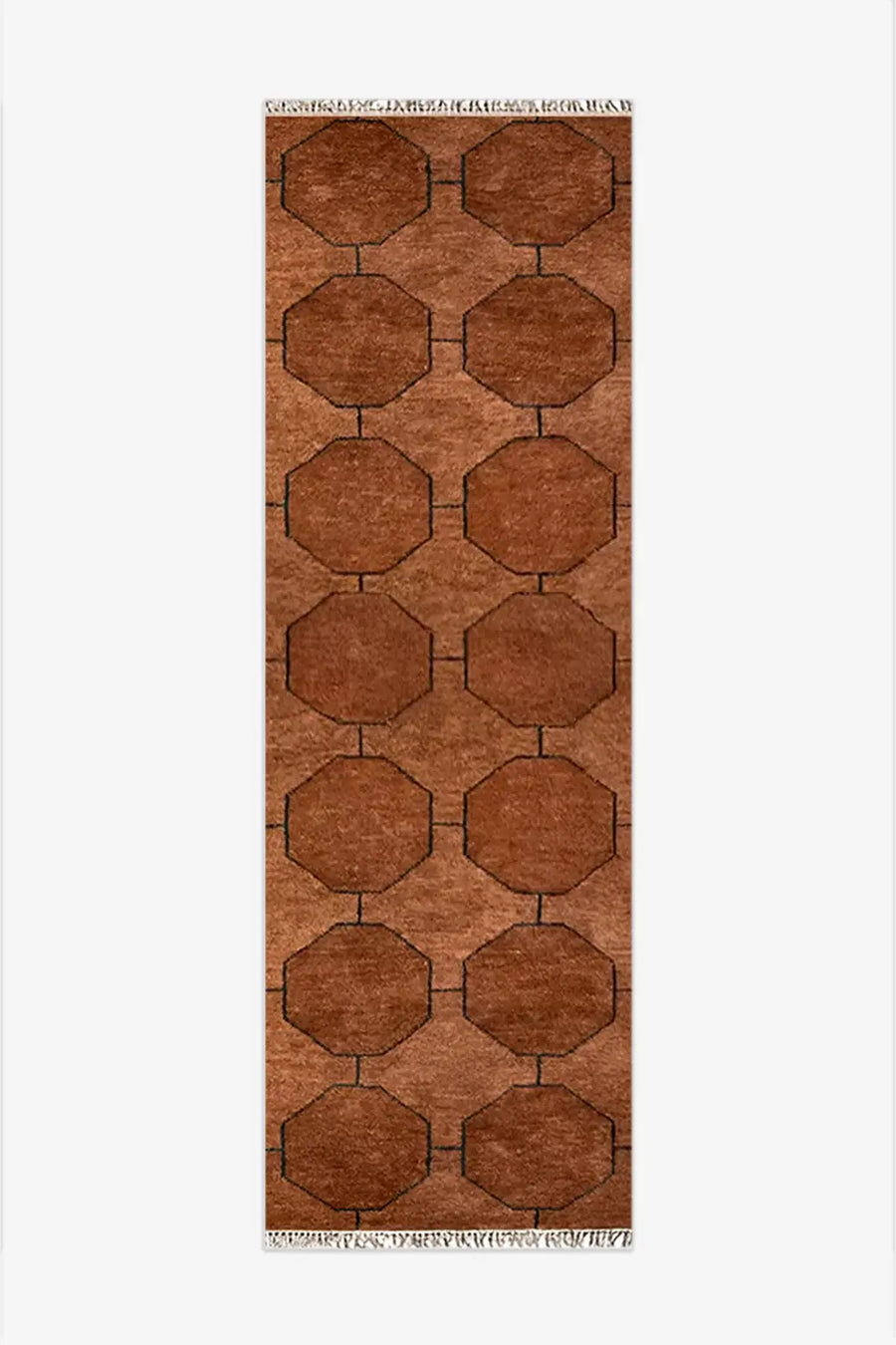 Brown patterned runner rug in hand-knotted wool on a plain background | 2x7
