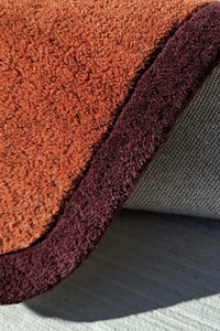 Textured close-up of rust brown wool runner with dark brown border, modern boho entryway rug