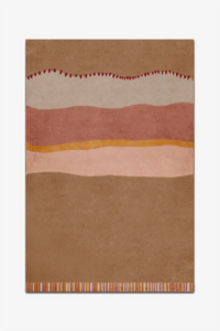 Rectangular rug with a striped pattern in brown, beige, and orange on a white background