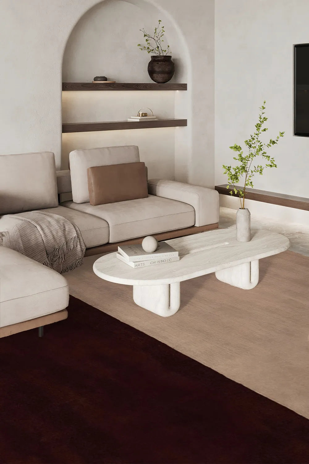 large 9x12 neutral wool rug in warm brown and tan in a contemporary organic modern living room