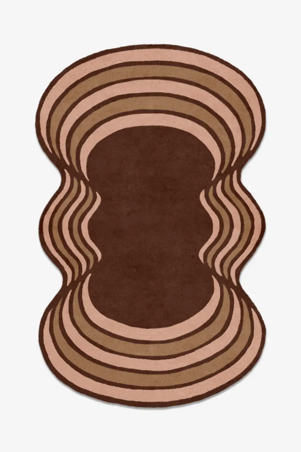 Rug with wavy, layered design in brown and beige on a white background