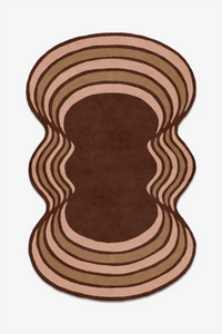 Rug with wavy, layered design in brown and beige on a white background