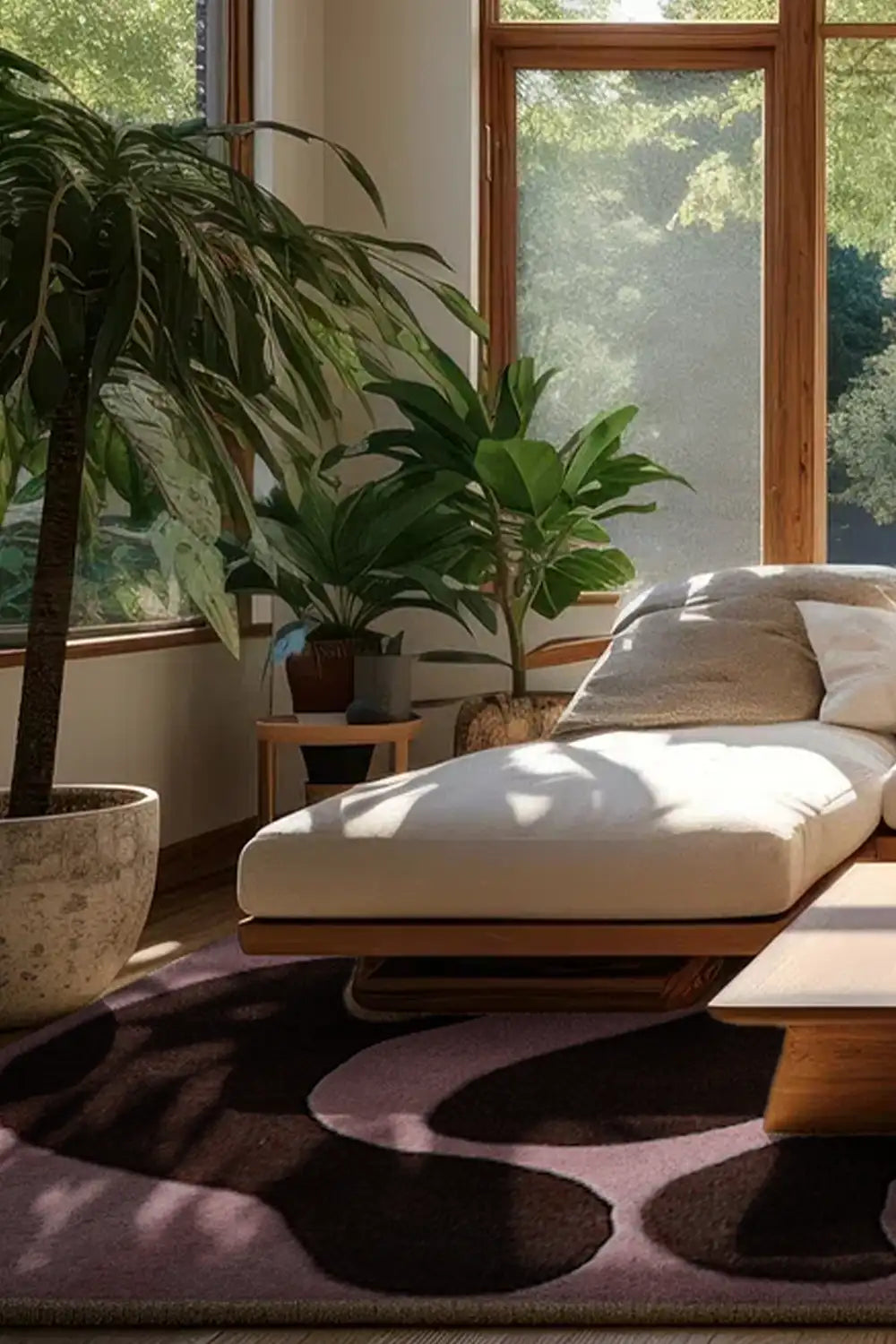 Burgundy and pink abstract rug in a modern living room, organic fusion design lifestyle