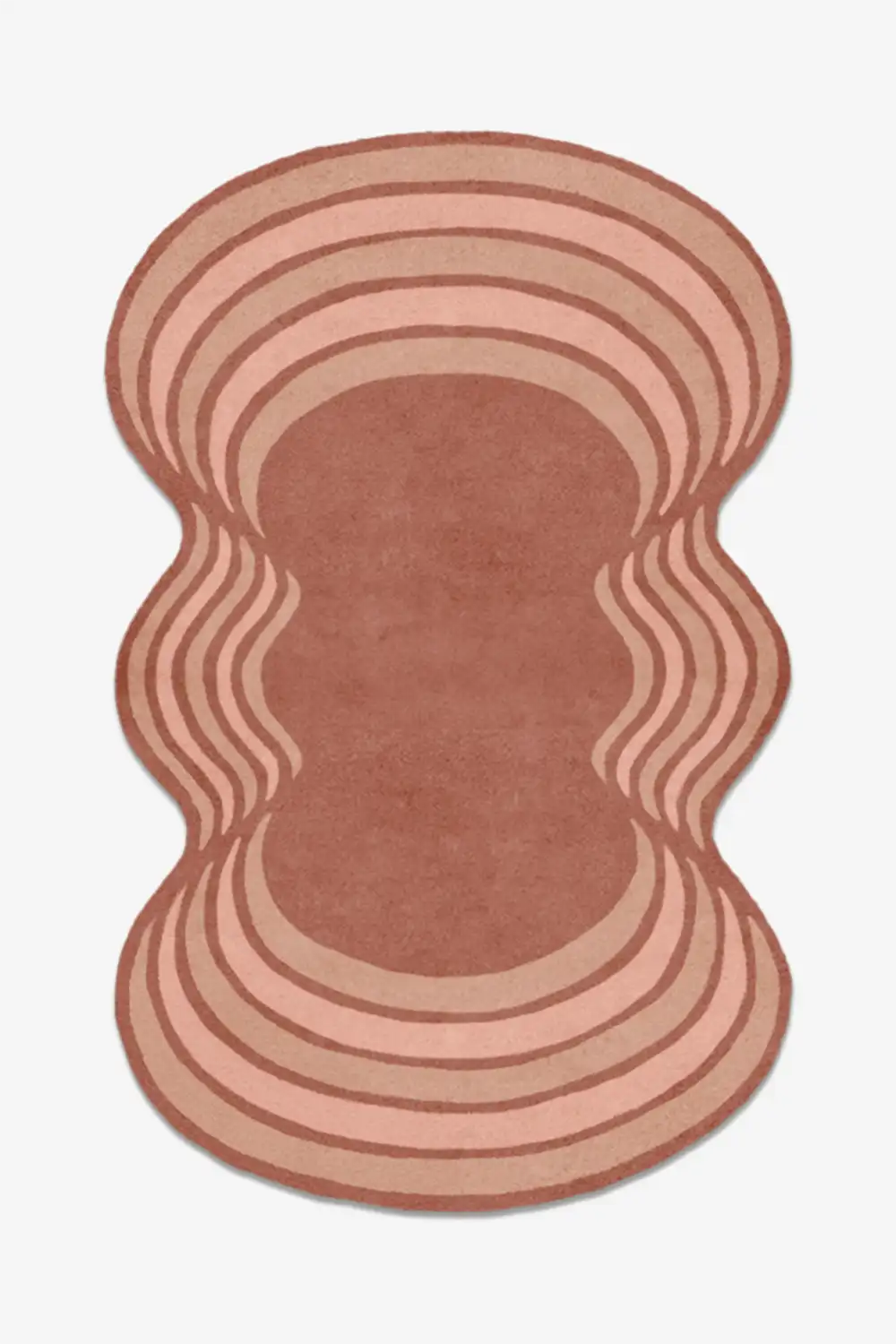 Rounded wool custom rug with wavy design on a white background