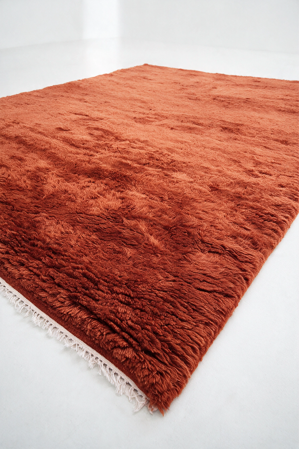 A rust-orange shaggy area rug with white fringe, shown from an elevated angle on a clean white floor burnt orange