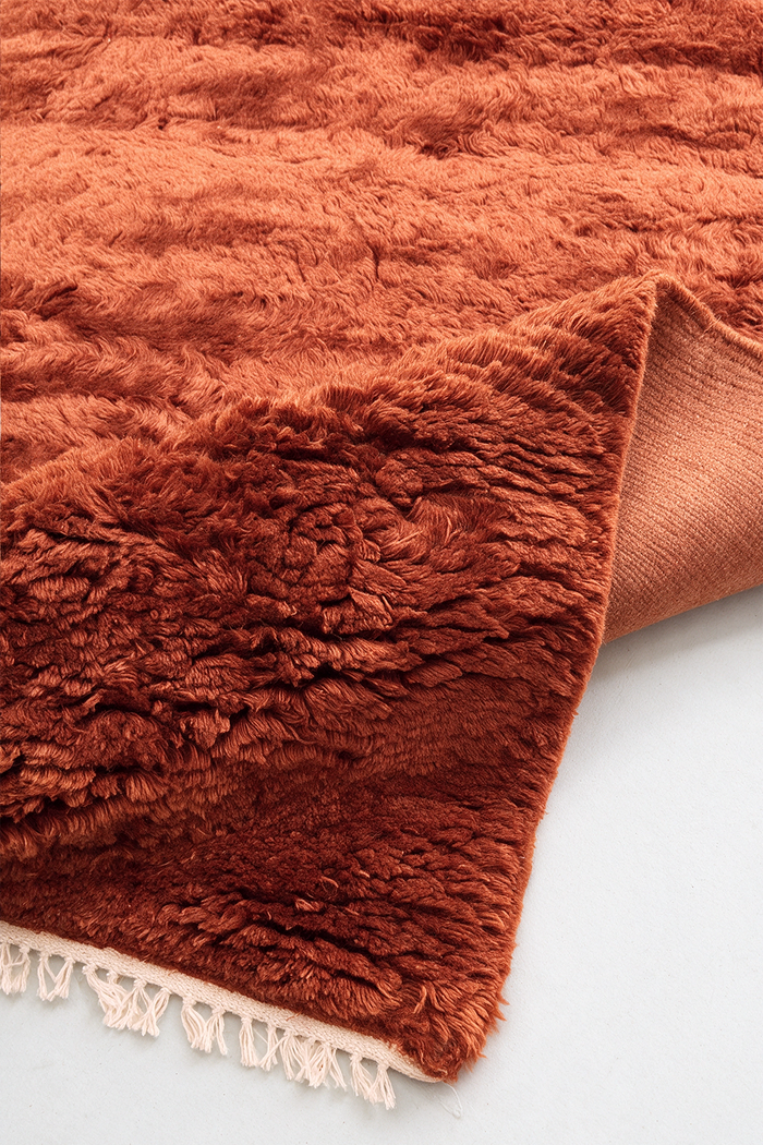 A close-up of a rust-orange shaggy rug with a thick plush texture and a cream-colored fringe tassel edge, folded over to show the underside burnt orange