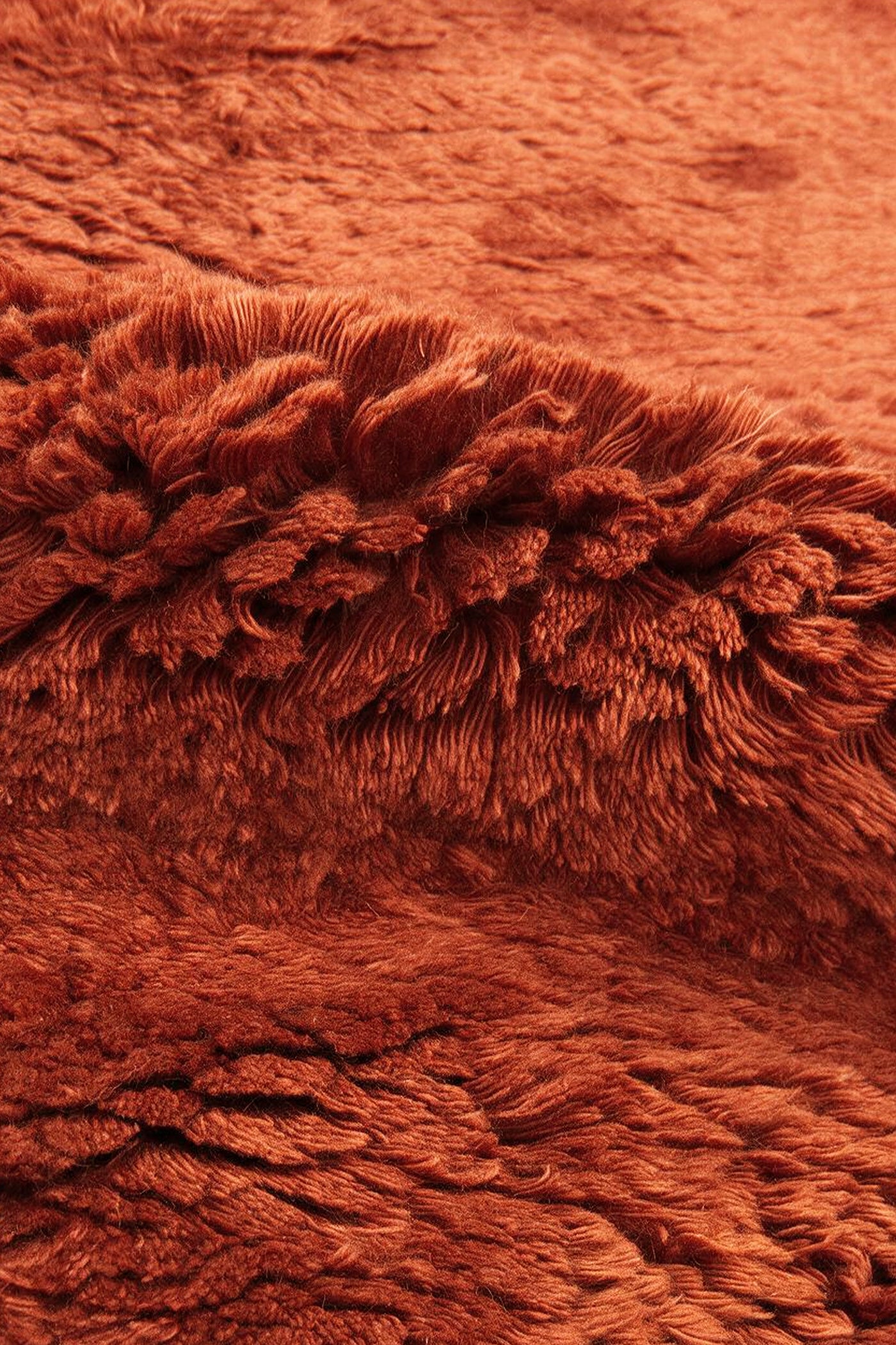 a close up view of a burnt orange shag rug's fluffy wool pile