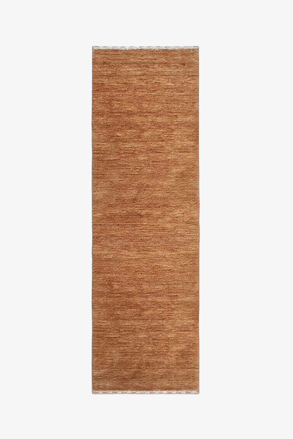 A camel tan woven runner rug in a warm rust-brown color, shown flat against a light gray background.