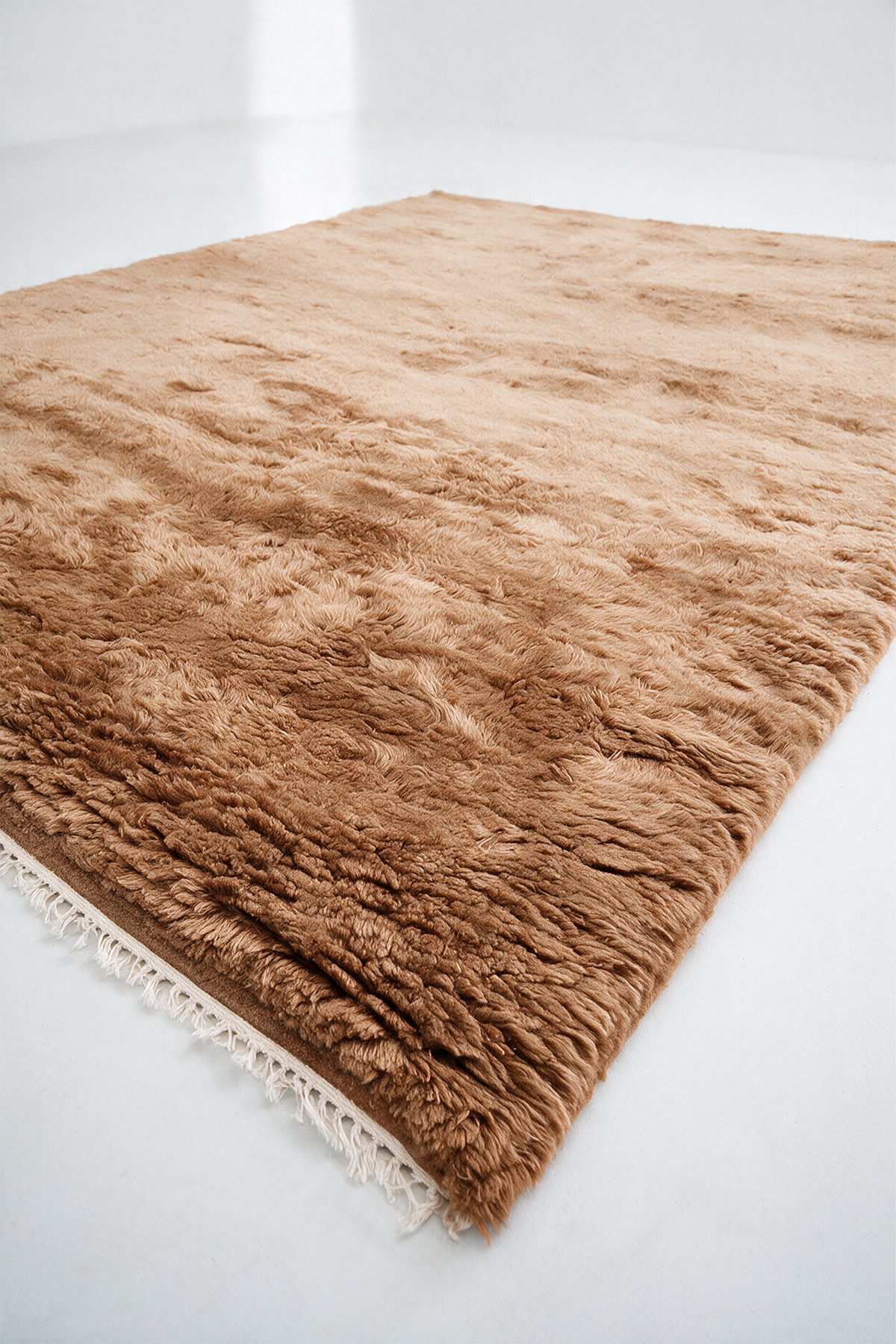 A rectangular shag rug in a warm camel medium brown color, shown from an elevated angle on a clean white floor. The rug features a thick, plush texture and a cream-colored fringe along one edge.