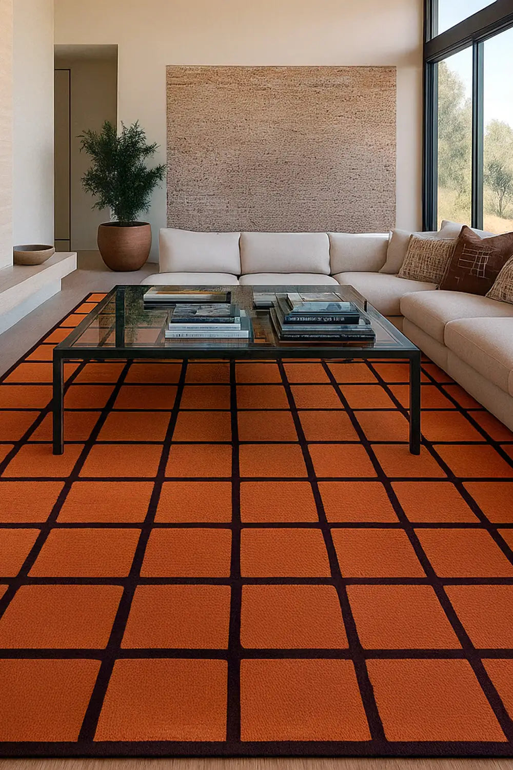 orange terracotta large wool area rug with burgundy grid lines in modern southwestern style living room lifestyle