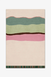 Rectangular rug with colorful striped pattern on a white background