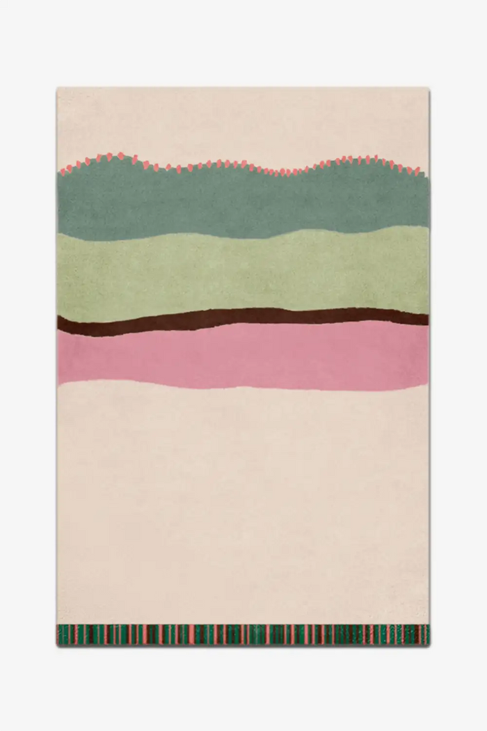 Rectangular rug with colorful striped pattern on a white background