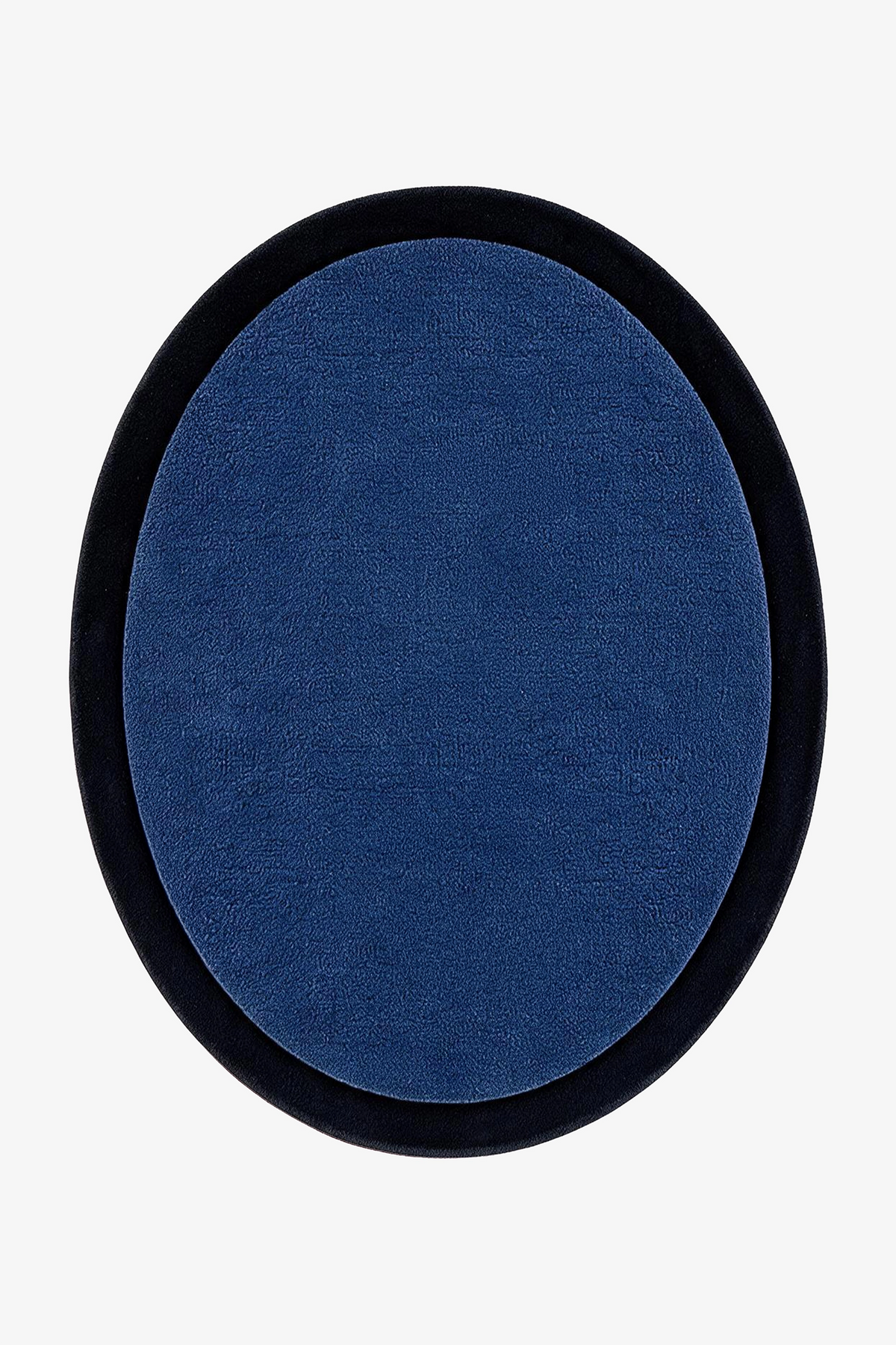 An oval-shaped rug featuring a deep blue textured center surrounded by a thick navy border, shown against a plain white background.