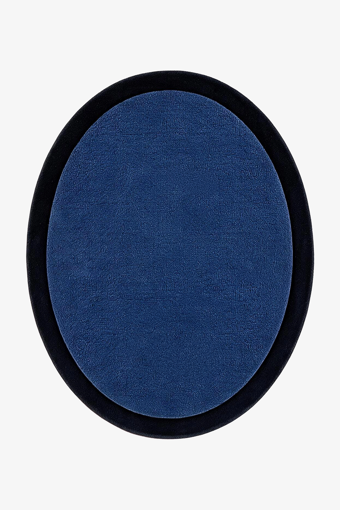 An oval-shaped rug featuring a deep blue textured center surrounded by a thick navy border, shown against a plain white background.