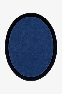 An oval-shaped rug featuring a deep blue textured center surrounded by a thick navy border, shown against a plain white background.