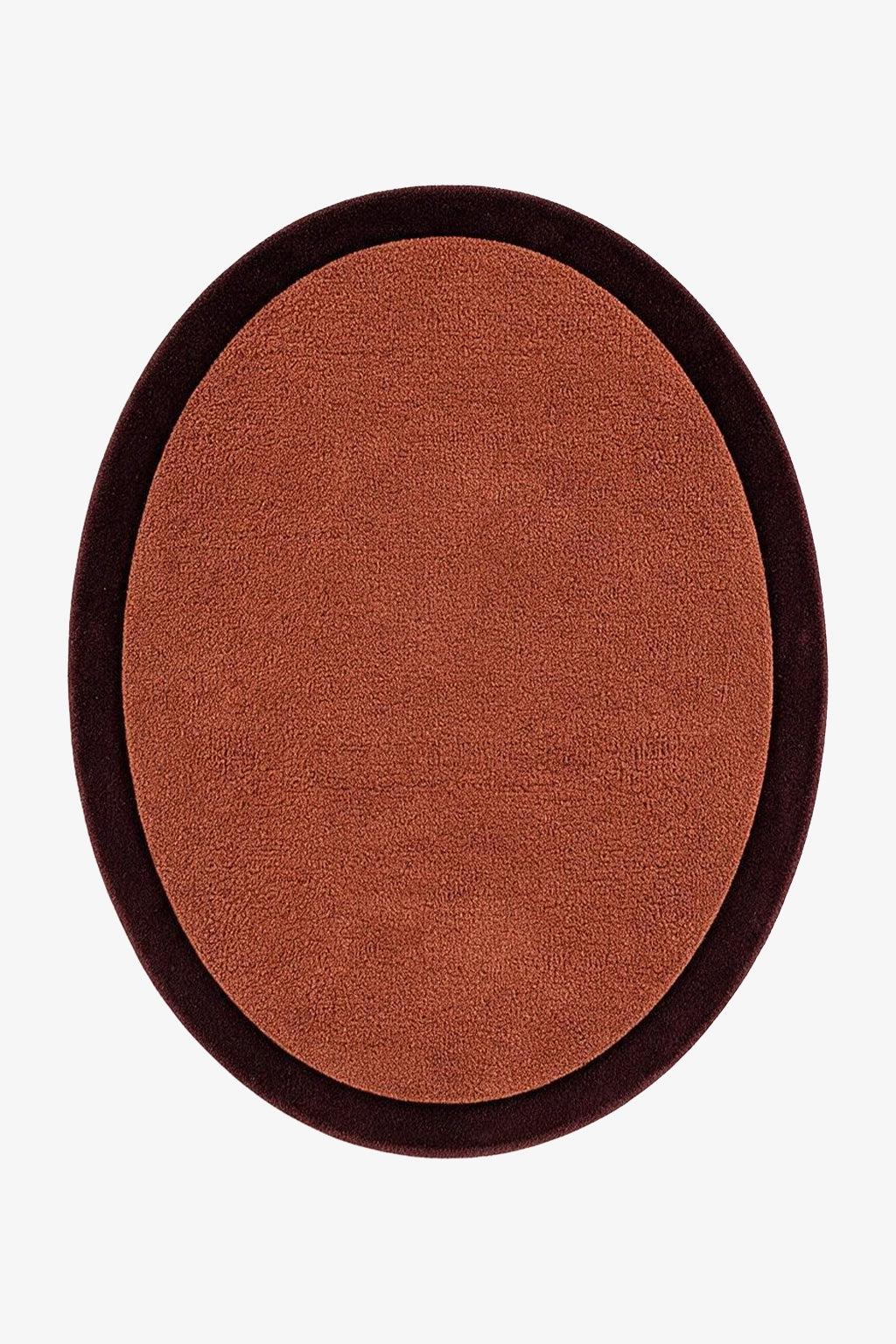 An oval-shaped brown rug with a dark brown border, shown from a top-down view on a light gray background.