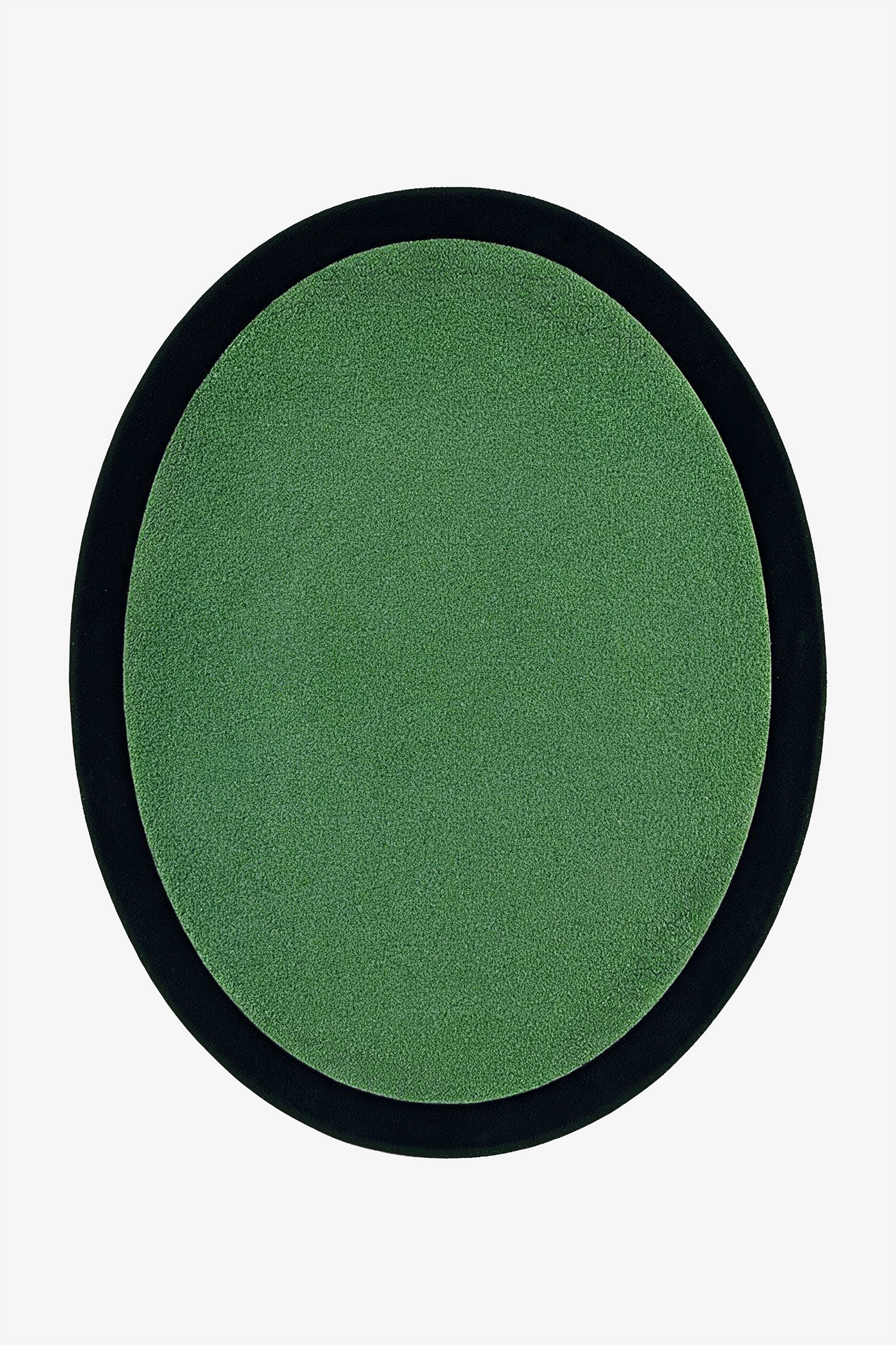 An oval green rug with a thick black border, shown from a top-down view on a plain white background.