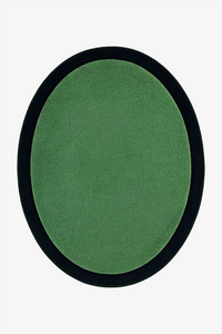An oval green rug with a thick black border, shown from a top-down view on a plain white background.