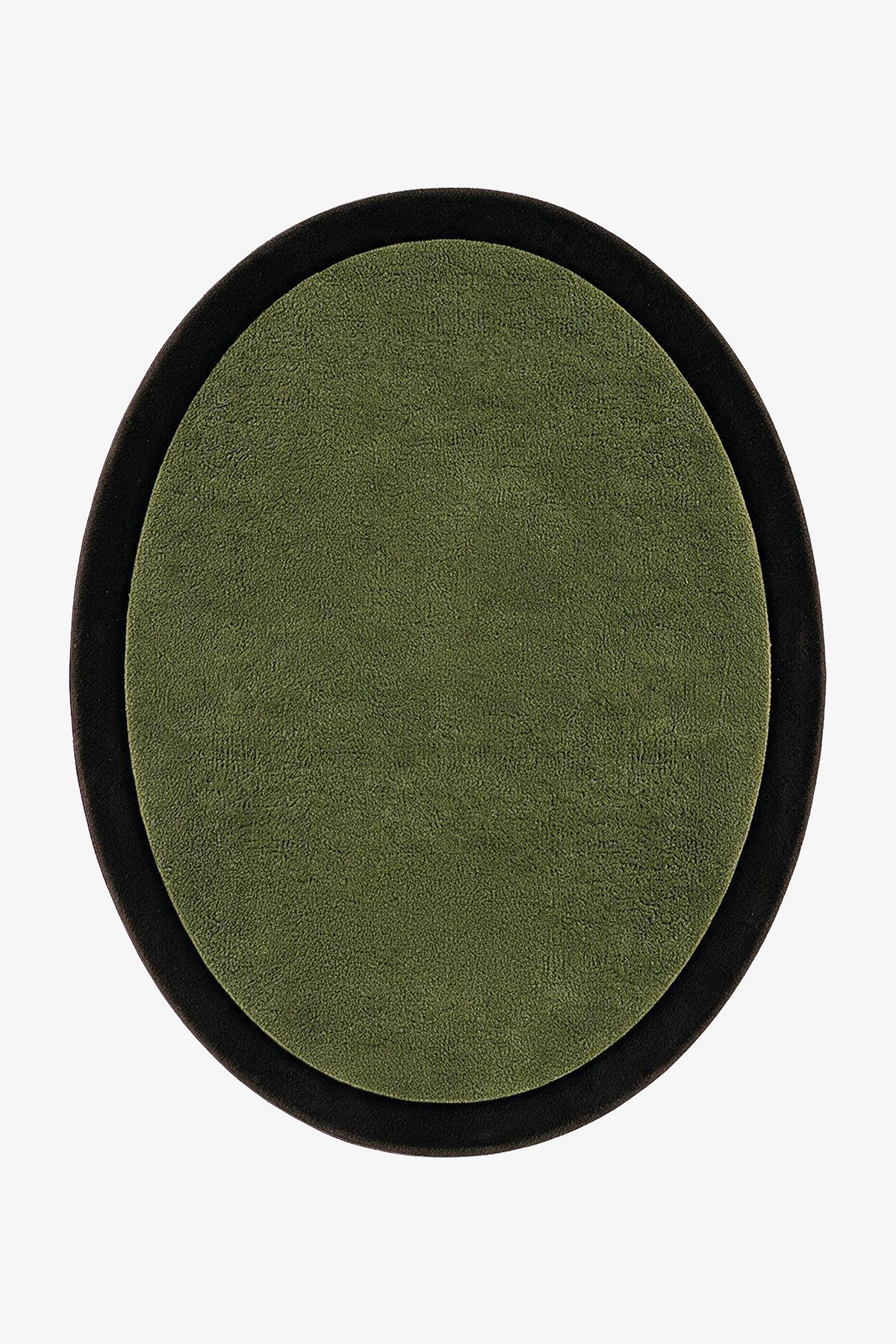 An oval-shaped area rug with a textured olive center and a contrasting dark border, shown flat against a plain white background.
