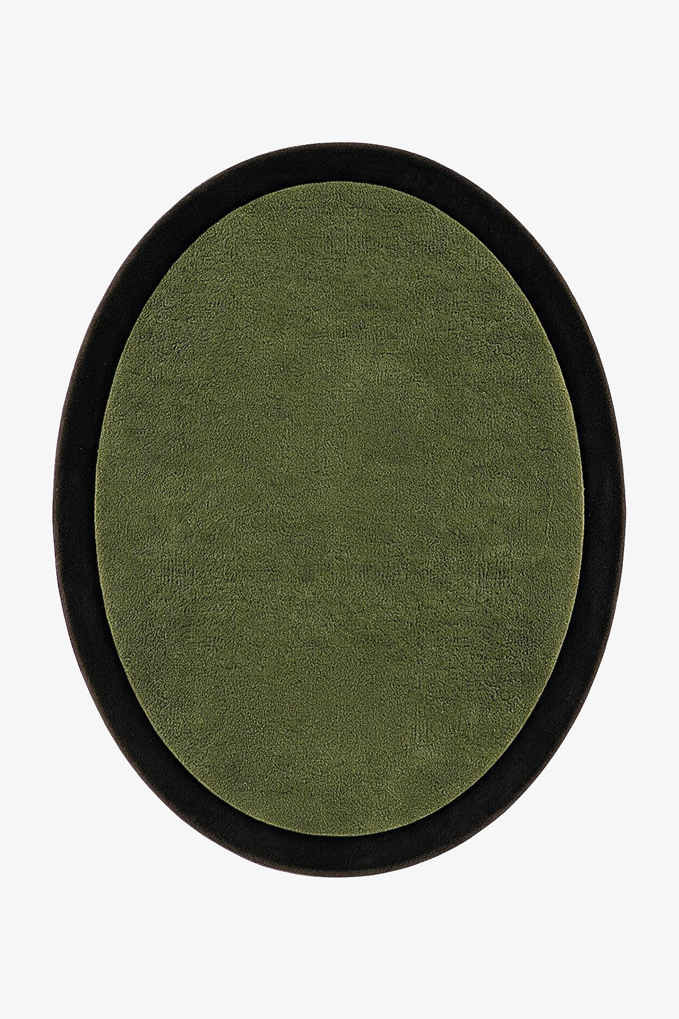 An oval-shaped area rug with a textured olive center and a contrasting dark border, shown flat against a plain white background.