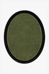 An oval-shaped area rug with a textured olive center and a contrasting dark border, shown flat against a plain white background.