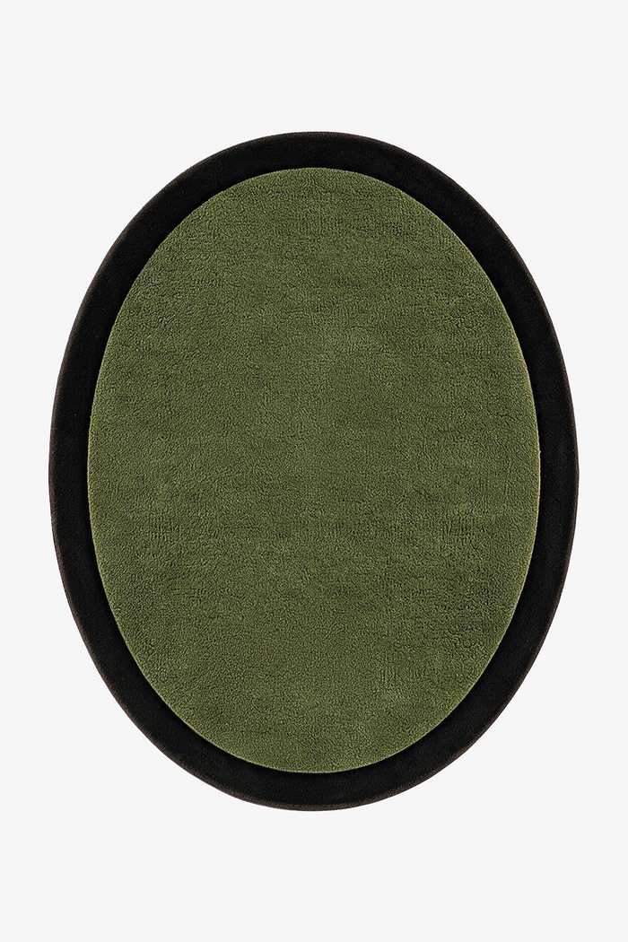 An oval-shaped area rug with a textured olive center and a contrasting dark border, shown flat against a plain white background.