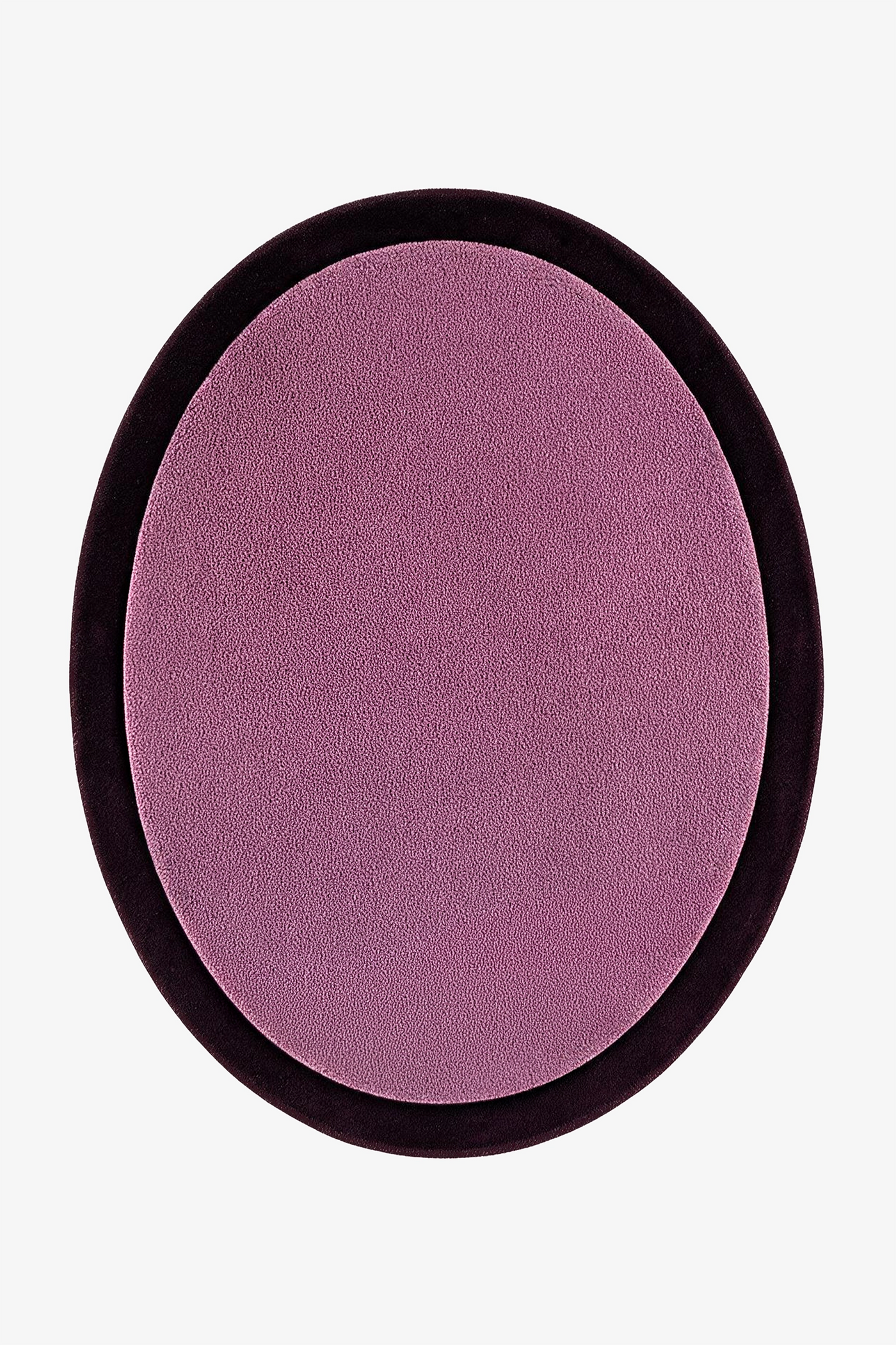 An oval-shaped area rug with a textured dusty purple center and a contrasting plum border, shown from a top-down view on a white background.