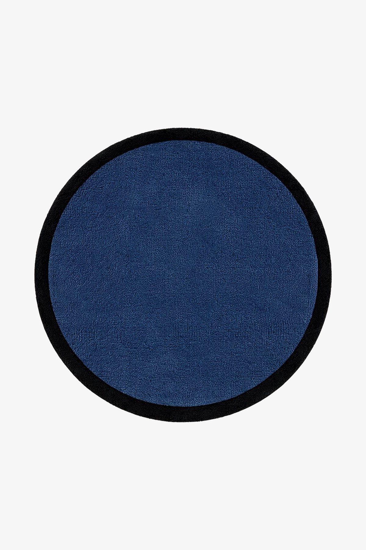 A circular navy blue rug with a contrasting black border, shown flat against a solid white background.
