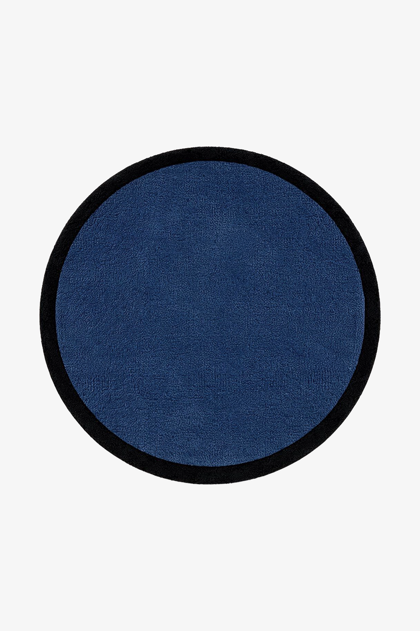A circular navy blue rug with a contrasting black border, shown flat against a solid white background.
