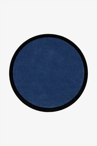 A circular navy blue rug with a contrasting black border, shown flat against a solid white background.