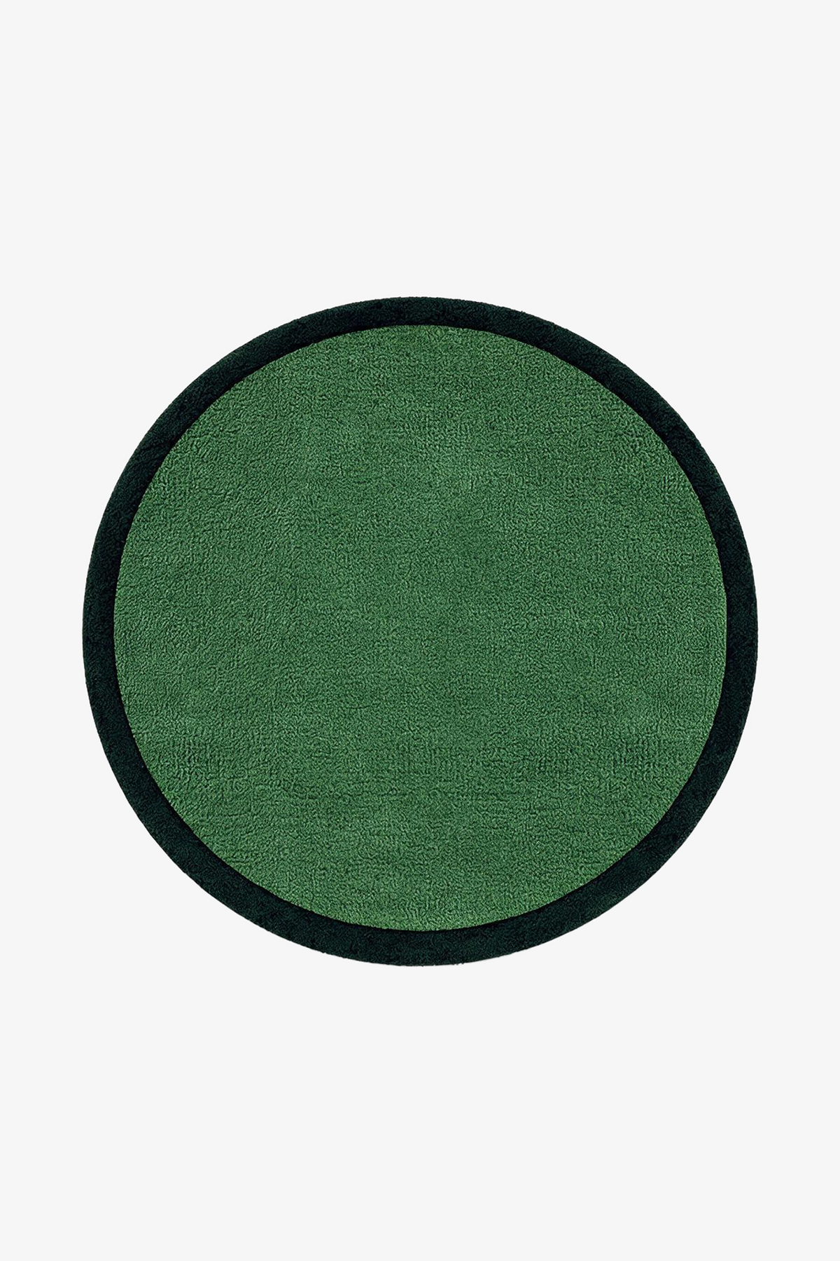 A round green rug with a contrasting black border, shown flat against a solid white background.