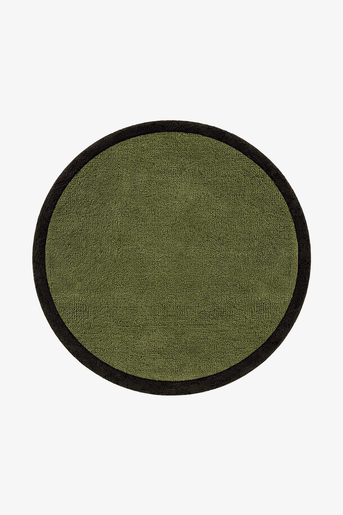 A round rug with an olive textured center and a contrasting forest border, shown flat against a plain white background.