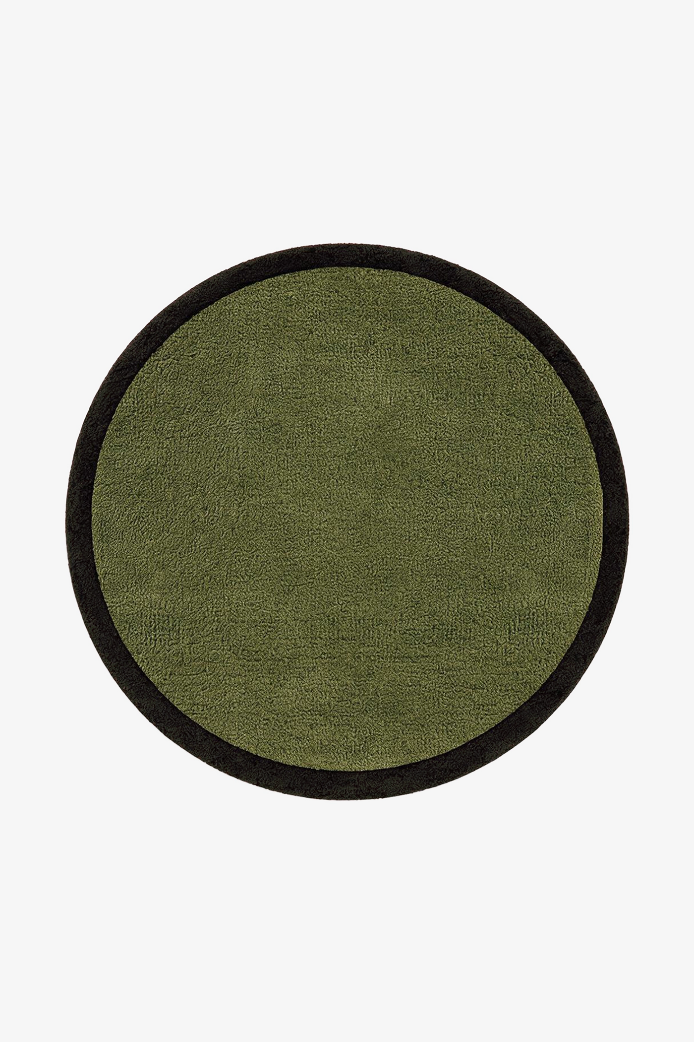 A round rug with an olive textured center and a contrasting forest border, shown flat against a plain white background.