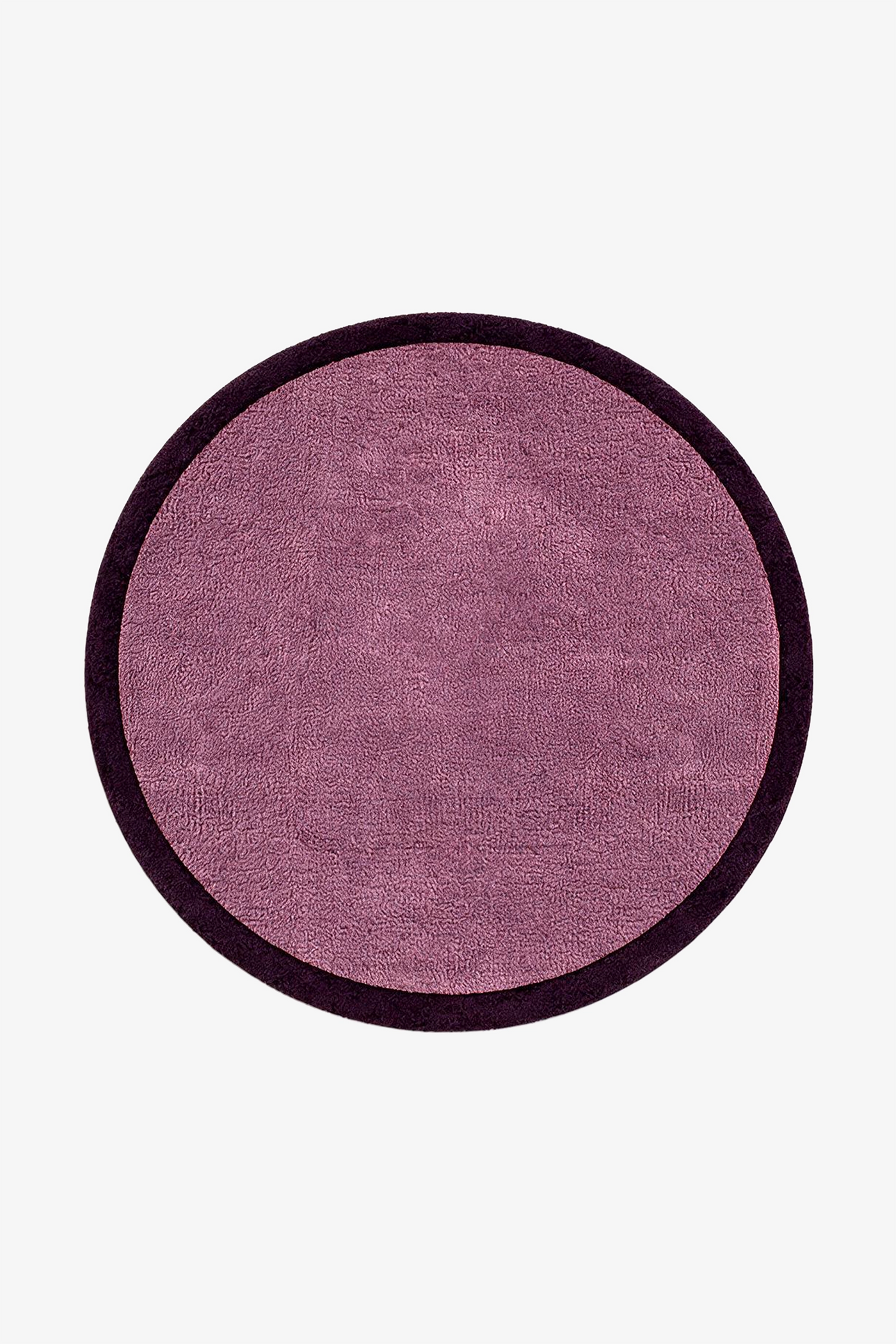 A round area rug with a textured mauve-purple center and a contrasting dark purple border, shown flat against a light gray background.