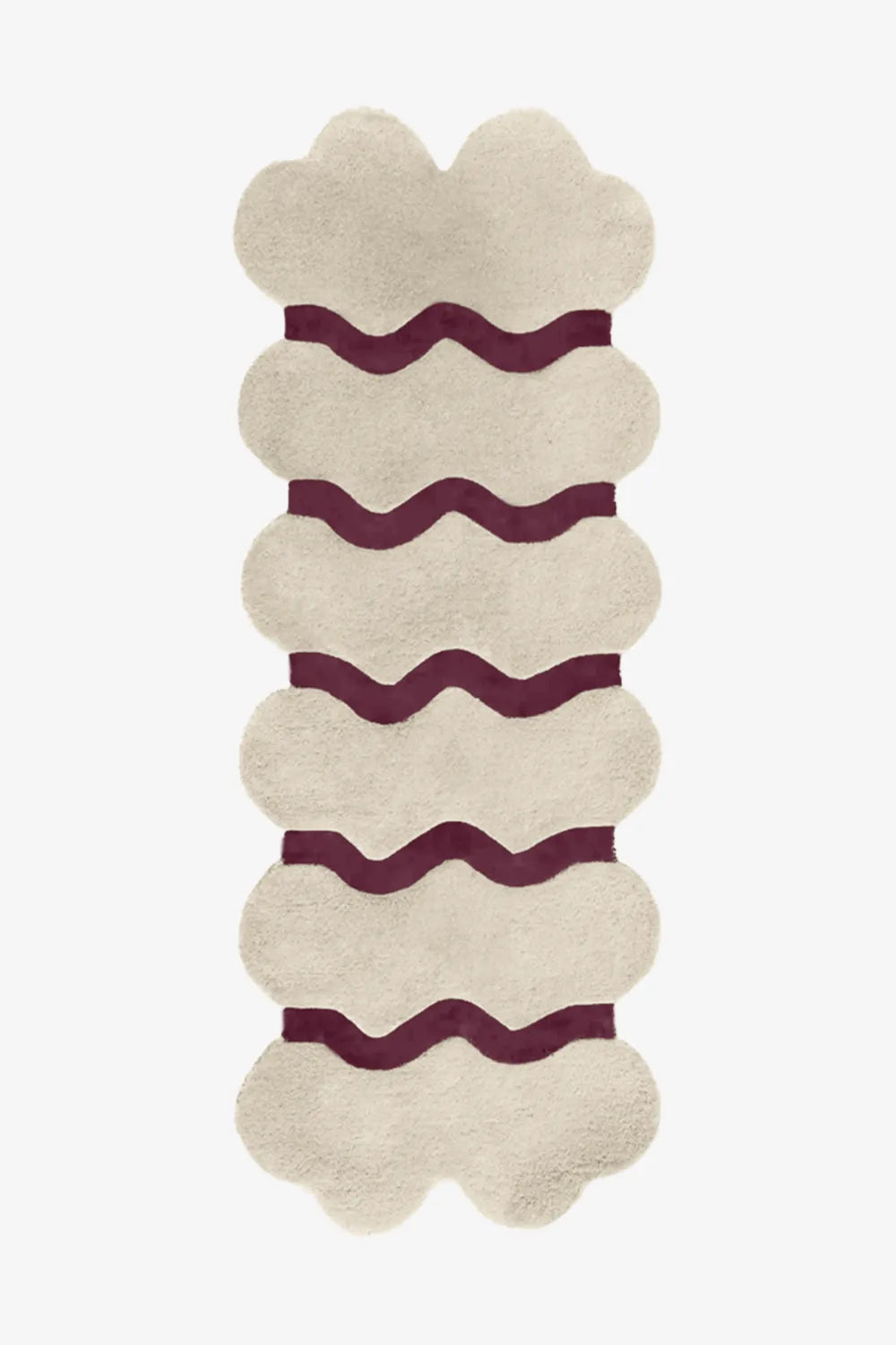 Neutral cream and plum hand-tufted runner rug with playful curves, bringing a subtle graphic touch to boho, eclectic, or organic modern homes.