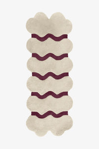 Neutral cream and plum hand-tufted runner rug with playful curves, bringing a subtle graphic touch to boho, eclectic, or organic modern homes.