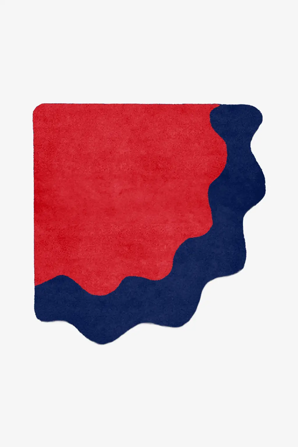 custom corner shaped rug with wavy blue border and red wool base on a white background