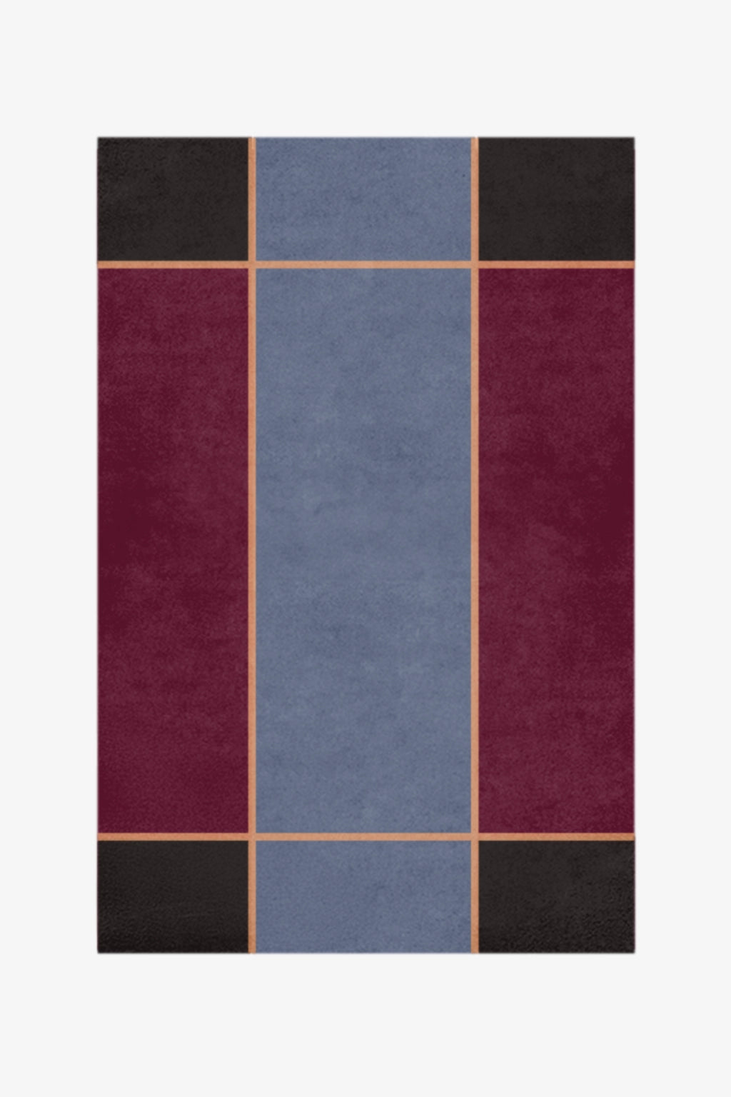 Rectangular rug with a geometric pattern of squares in blue, red, and black on a white background