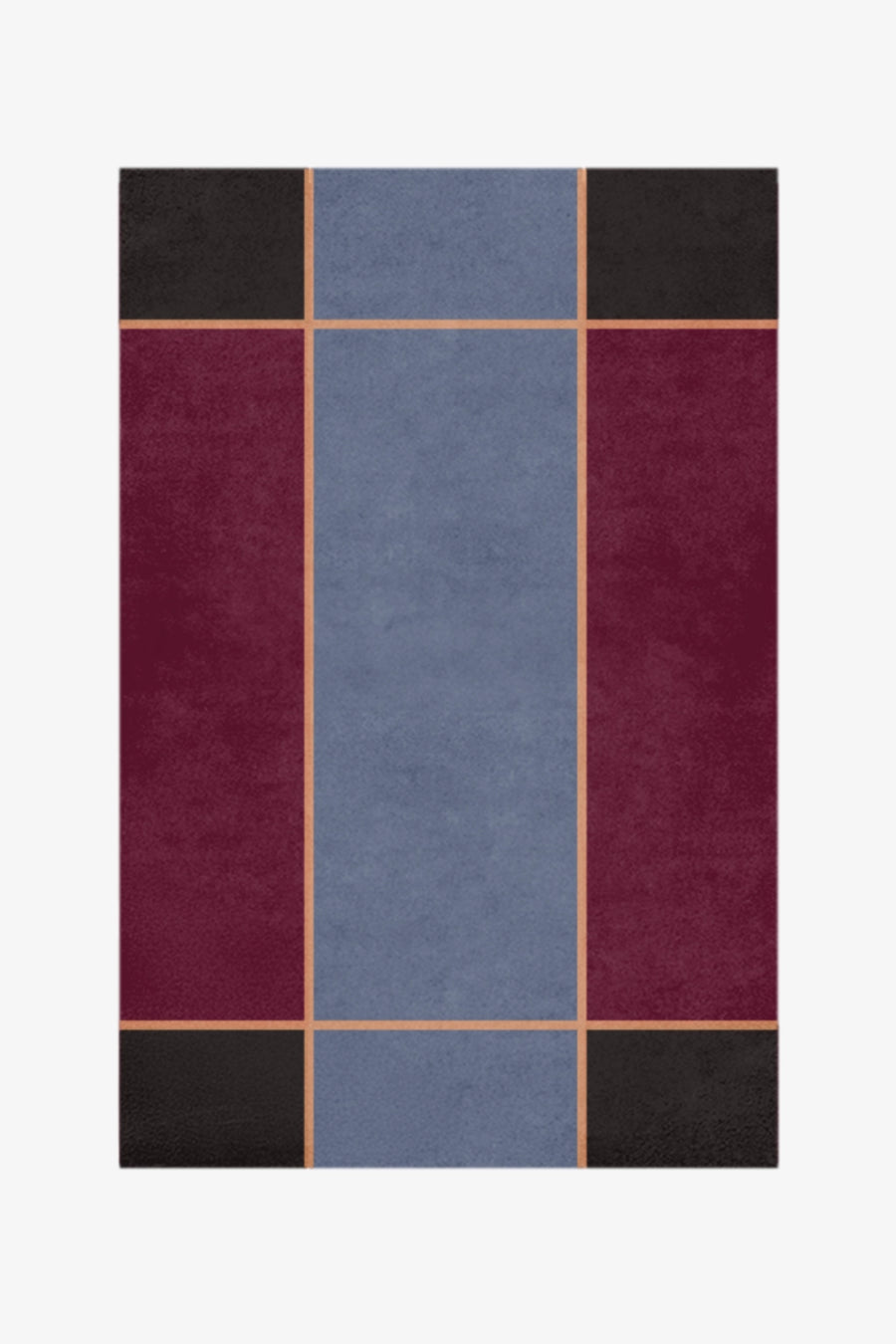 Rectangular rug with a geometric pattern of squares in blue, red, and black on a white background