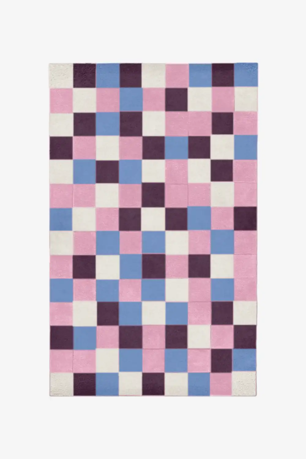 Playful custom checkered area rug in purple, blue, pink, and cream wool