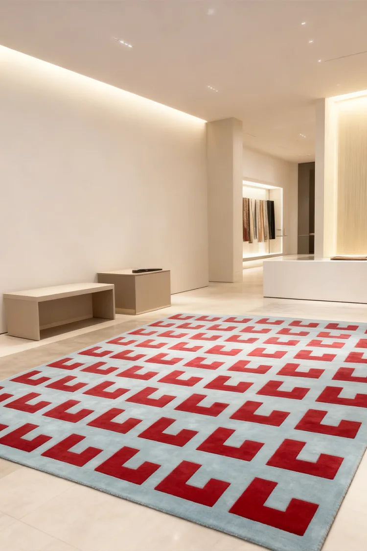custom geometric rug in red and blue