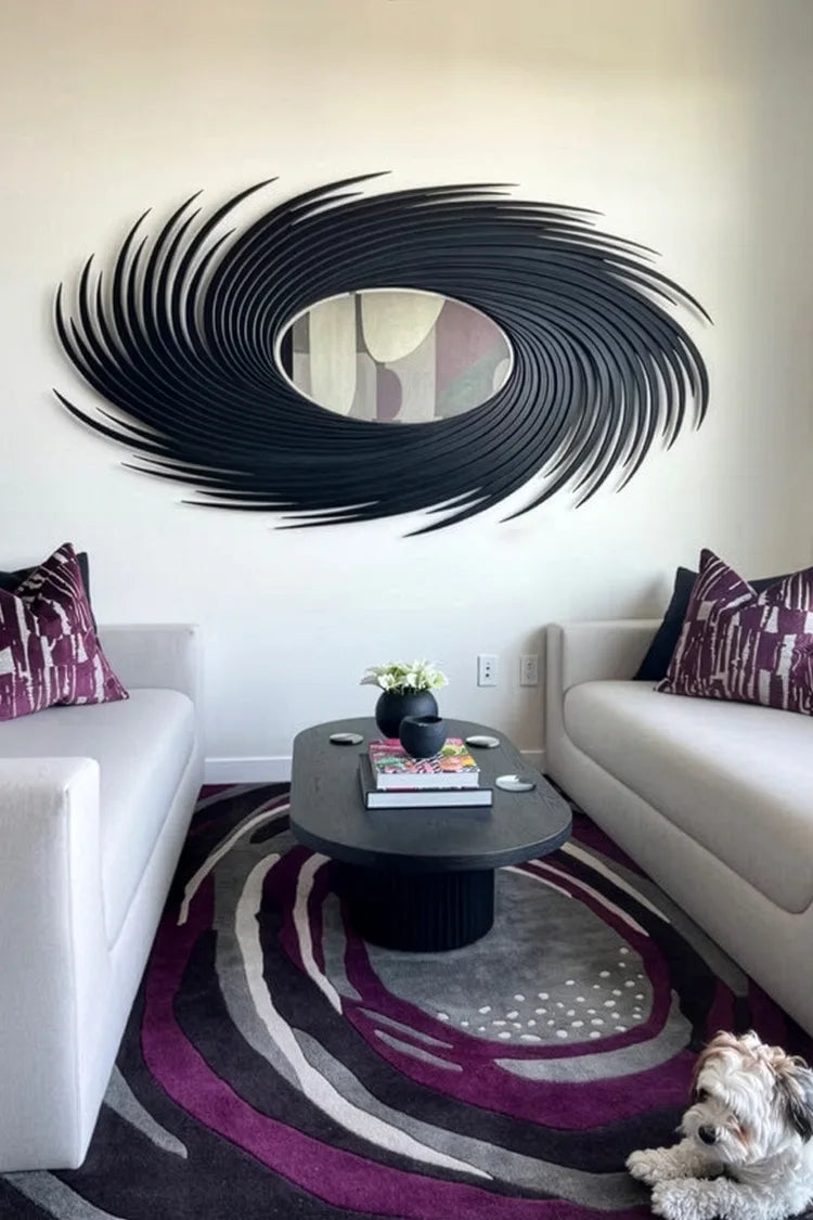 custom rug with abstract pattern of concentric circles in purple, gray, and black on a white background