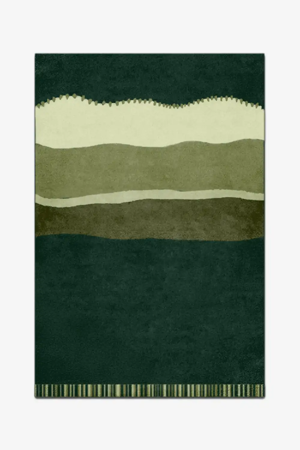 Rug with wavy pattern in dark green and light olive green stripes on a white background
