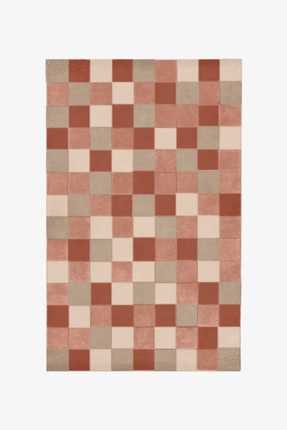 Multicolored checkered wool rug in earthy neutral tones like terracotta and sand